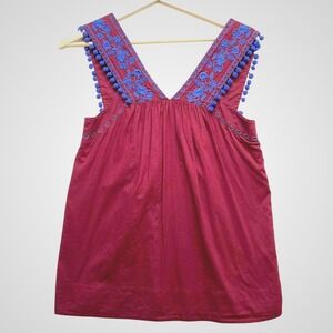 J.Crew Womens Cotton Tunic Top Size 00 Pom Pom Floral Embroidered Sleeveless